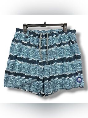 AFTCO Swim Trunks Men’s Medium Blue Fish Print‎ Stretch Drawstring Lined 34